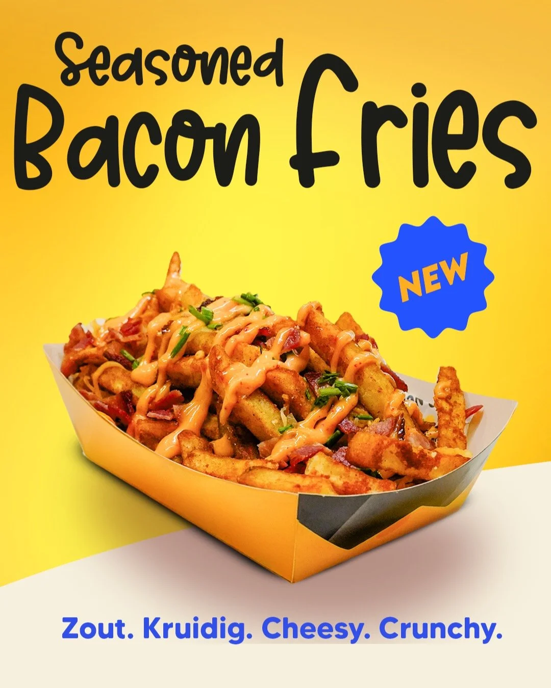 Nieuw bij Swegg: Season &amp; Bacon Fries 🍟
Heerlijk crispy fries seasoned with paprika, onion, chili &amp; garlic, gesmolten kaas, bacon bits &amp; chives.

Zout. Kruidig. Cheesy. Crunchy.
Precies zoals een side hoort te zijn.

Snacken is een eitje