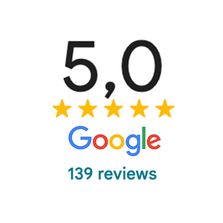 Beoordelingsscore van 5,0 sterren op Google met 139 reviews.