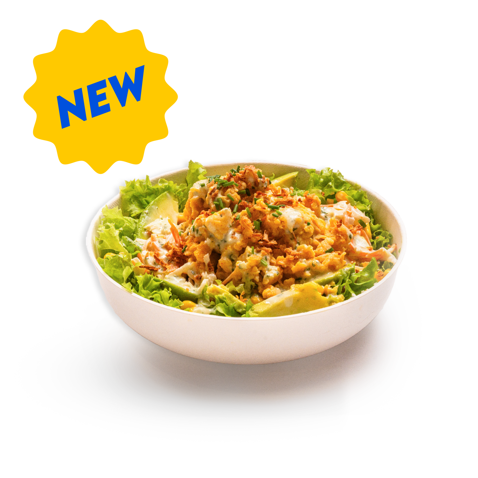 Een kom met een salade bestaande uit sla, avocado, Swegg scrambled egg, en een topping van gekruide stukjes en saus, met een opvallend gele banner met de tekst 'NEW'.