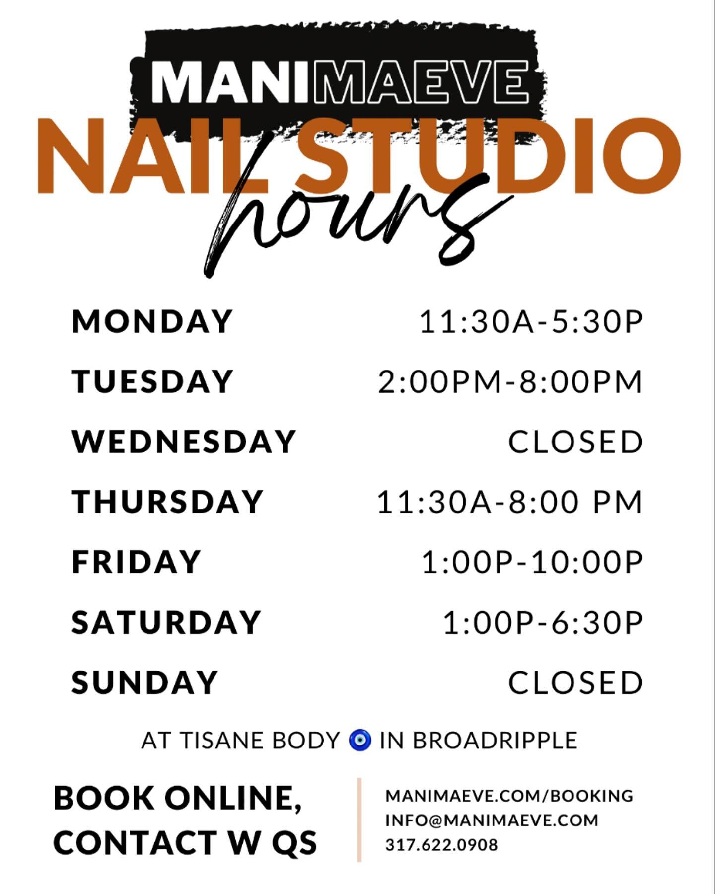 📅OFFICIAL HOURS FOR MANI MAEVE &quot;the nail tech&quot;
Here's my updated weekly availability schedule in effect Nov 2nd 2024 - made a few small shifts. As always, please book online but don't hesitate to reach out with questions.
.
📲My business l