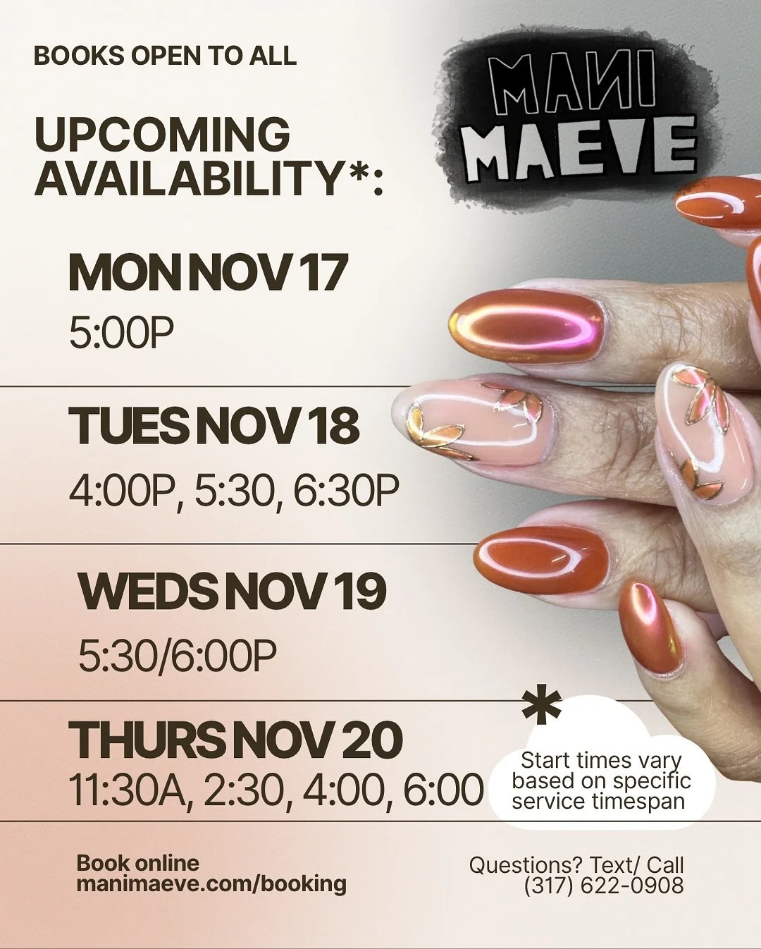 New hours, more availability! Get in for some nail TLC before the holidays. Book online; text or call Maeve with any questions (317) 622-0908
.
Present for those who read this caption: use code FALLFRIENDS for 20% off your next service (one use per c