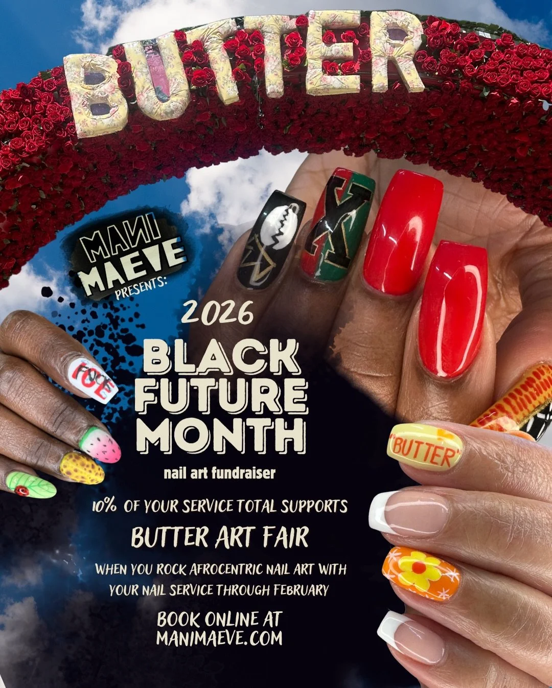 Let&rsquo;s create Afrocentric nail art ALL FEBRUARY to celebrate Black culture &amp; history AND raise funds to support @butterartfair ❣️ 10% of your service total gets donated to Butter via @ganggangculture when you rock an Afrocentric art look. 
N