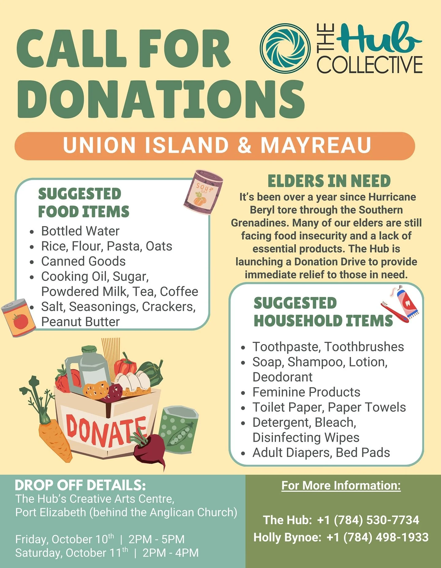 Call for Donations: Food & Toiletries Drive for Elders in Union Island & Mayreau 
In the aftermath of #HurricaneBeryl, many of our elders across Union Island and Mayreau are facing food insecurity and a lack of essential supplies. The Hub Co
