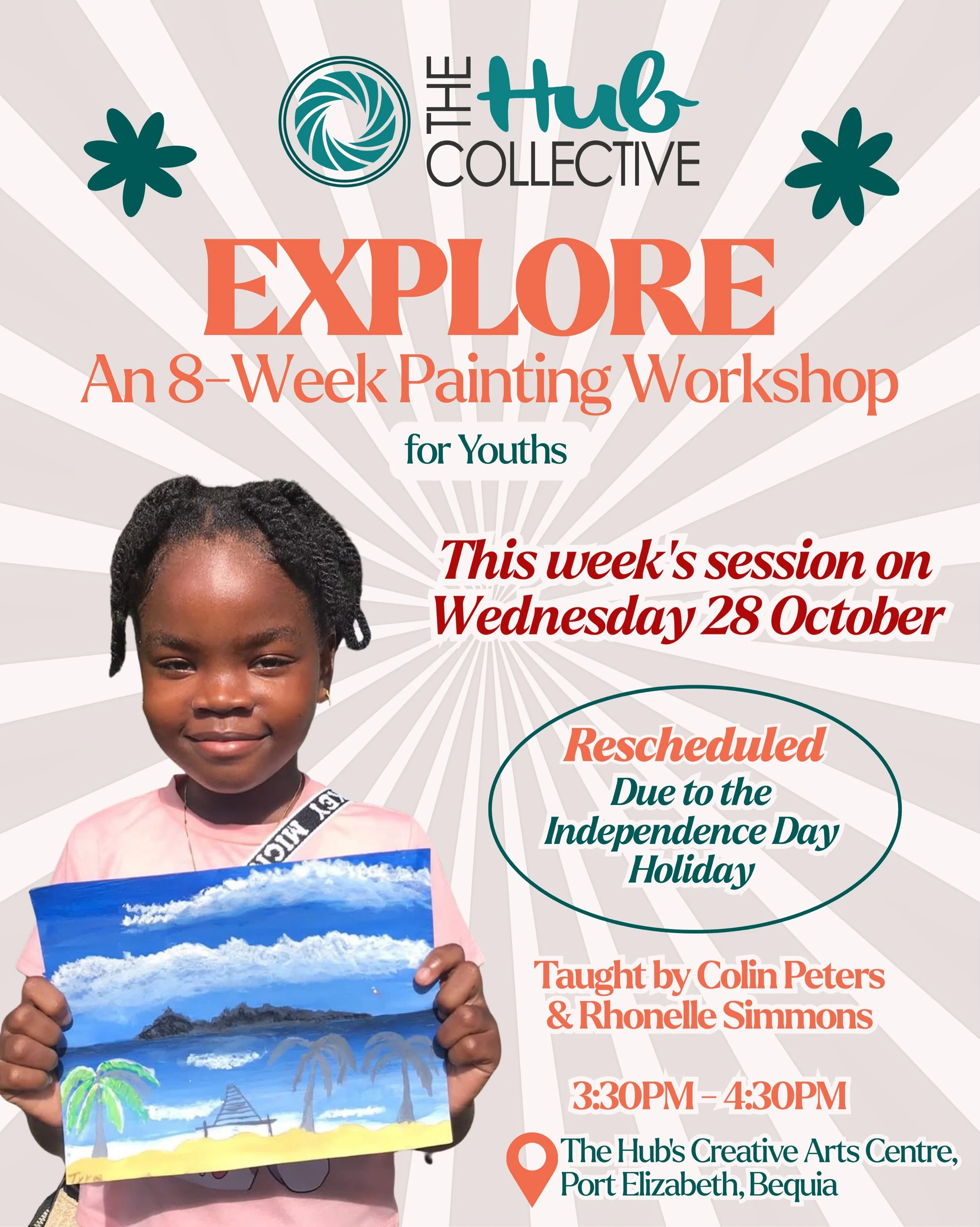 Please note that due to the 🇻🇨 Independence Day Public Holiday, this week&rsquo;s painting workshops will be held on Wednesday, October 28th instead:

🎨 Youth: 3:30PM - 4:30PM
🖌️ Adults: 4:30PM - 5:30PM