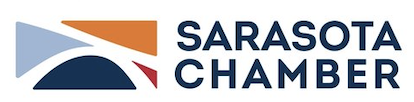 Sarasota Chamber of Commerce logo with abstract shapes in blue, orange, red, and gray.
