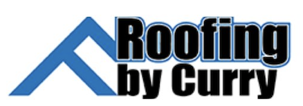 Logo for Roofing by Curry, featuring a stylized blue roof and text.