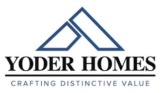 Yoder Homes logo featuring a stylized blue mountain peak above the text 'Yoder Homes' and 'Crafting Distinctive Value' underneath.