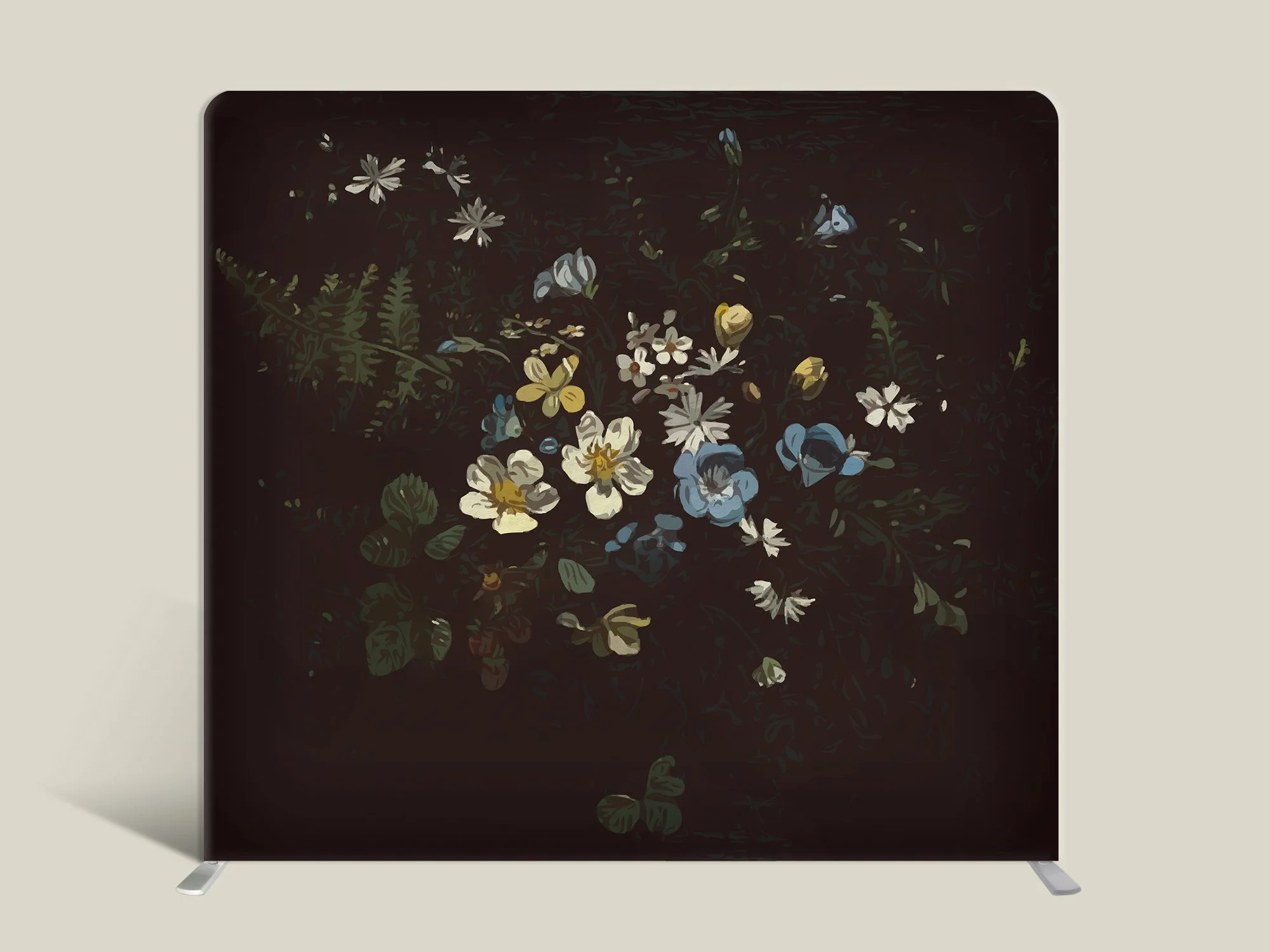 An artistic black photo background with a floral design and painted flowers on the surface.
