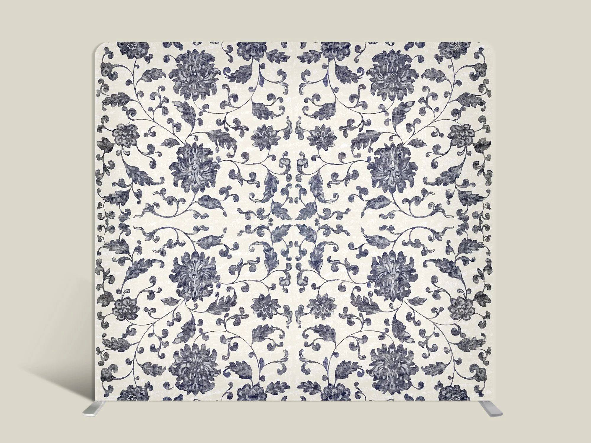 An aesthetic photo backdrop with a purple floral pattern on a white background.