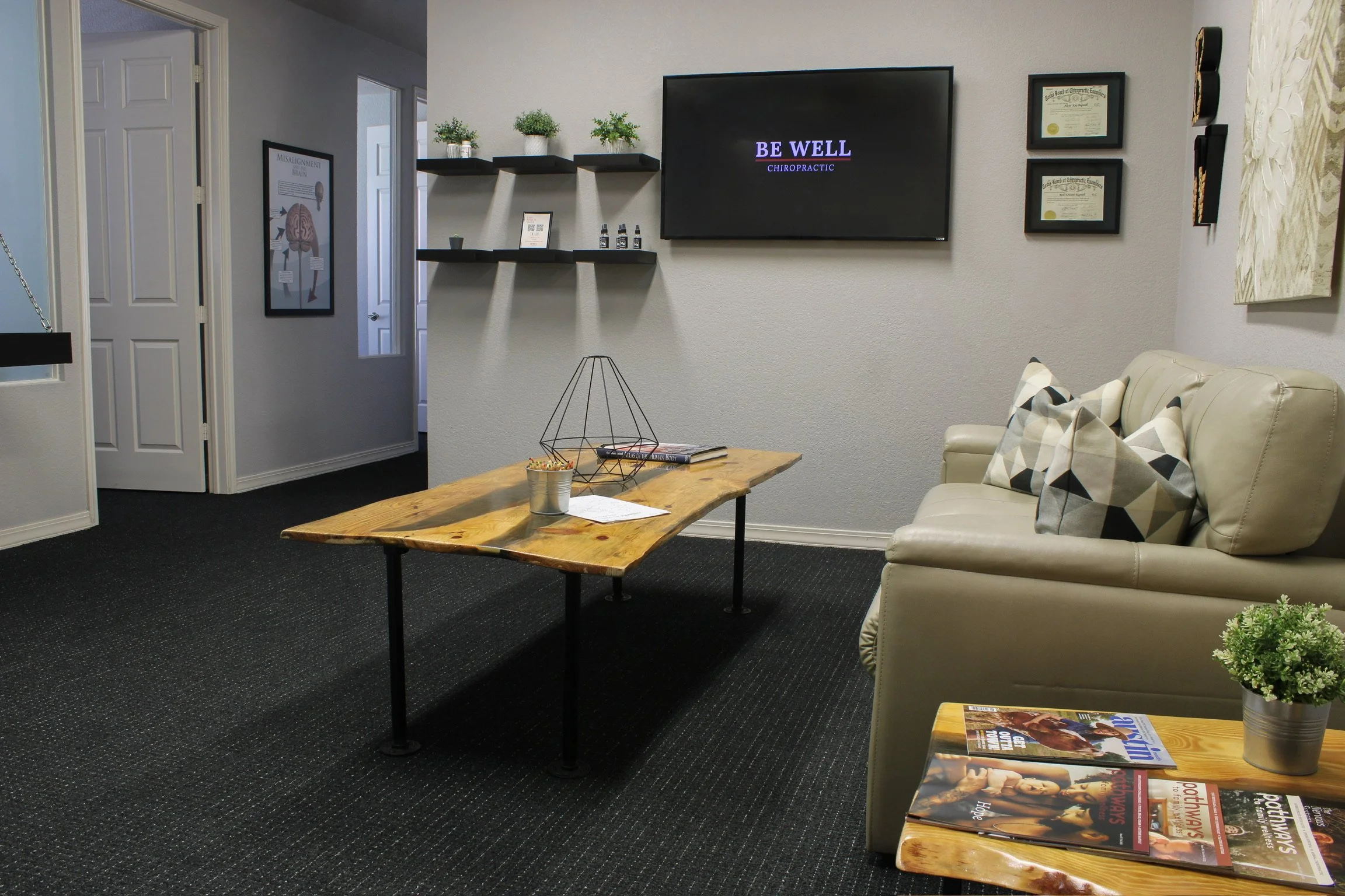 Waiting room at Be Well Chiropractic, a family and upper cervical chiropractic office in Lakeway, TX