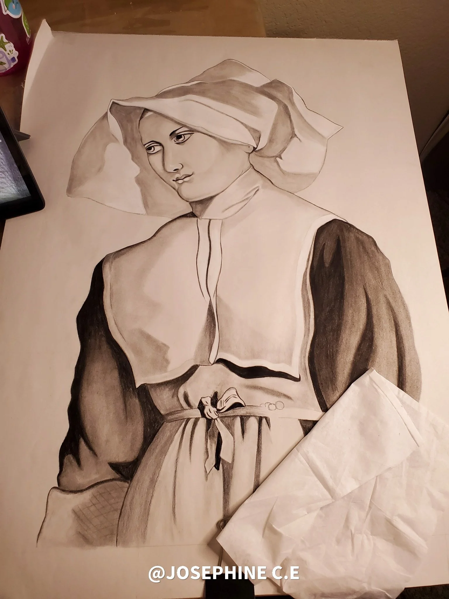 A black and white sketch of a woman wearing a bonnet and an apron, with her head slightly turned to the side. The sketch shows detailed shading and outlines.