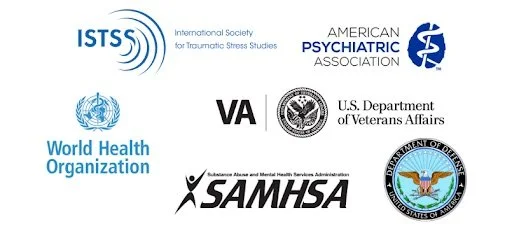 Logos of various organizations including ISTSS, American Psychiatric Association, WHO, U.S. Department of Veterans Affairs, SAMHSA, and the Department of Veterans Affairs.
