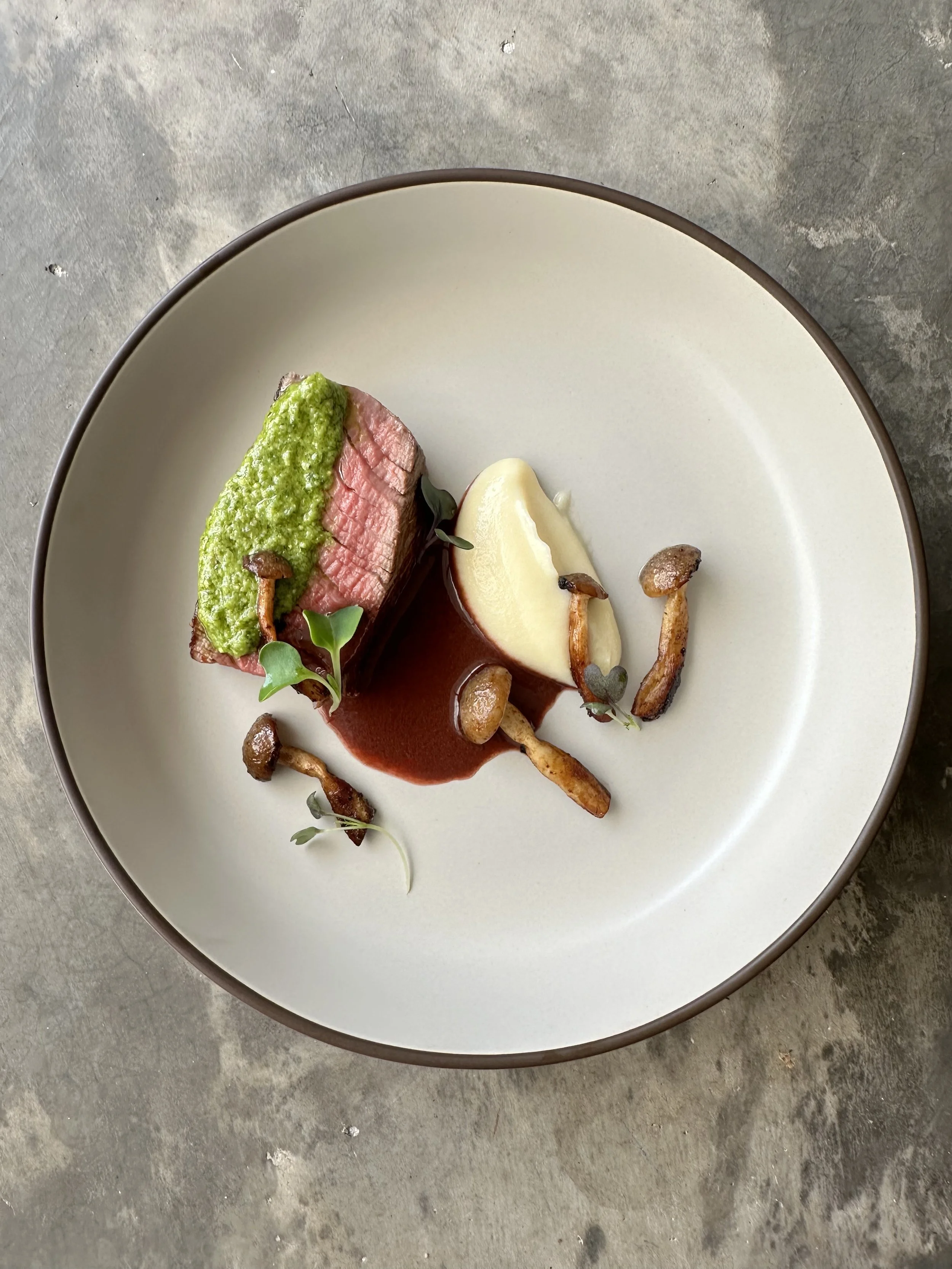 Ribeye, beet and umami demi, celery root puree, honshimeji 