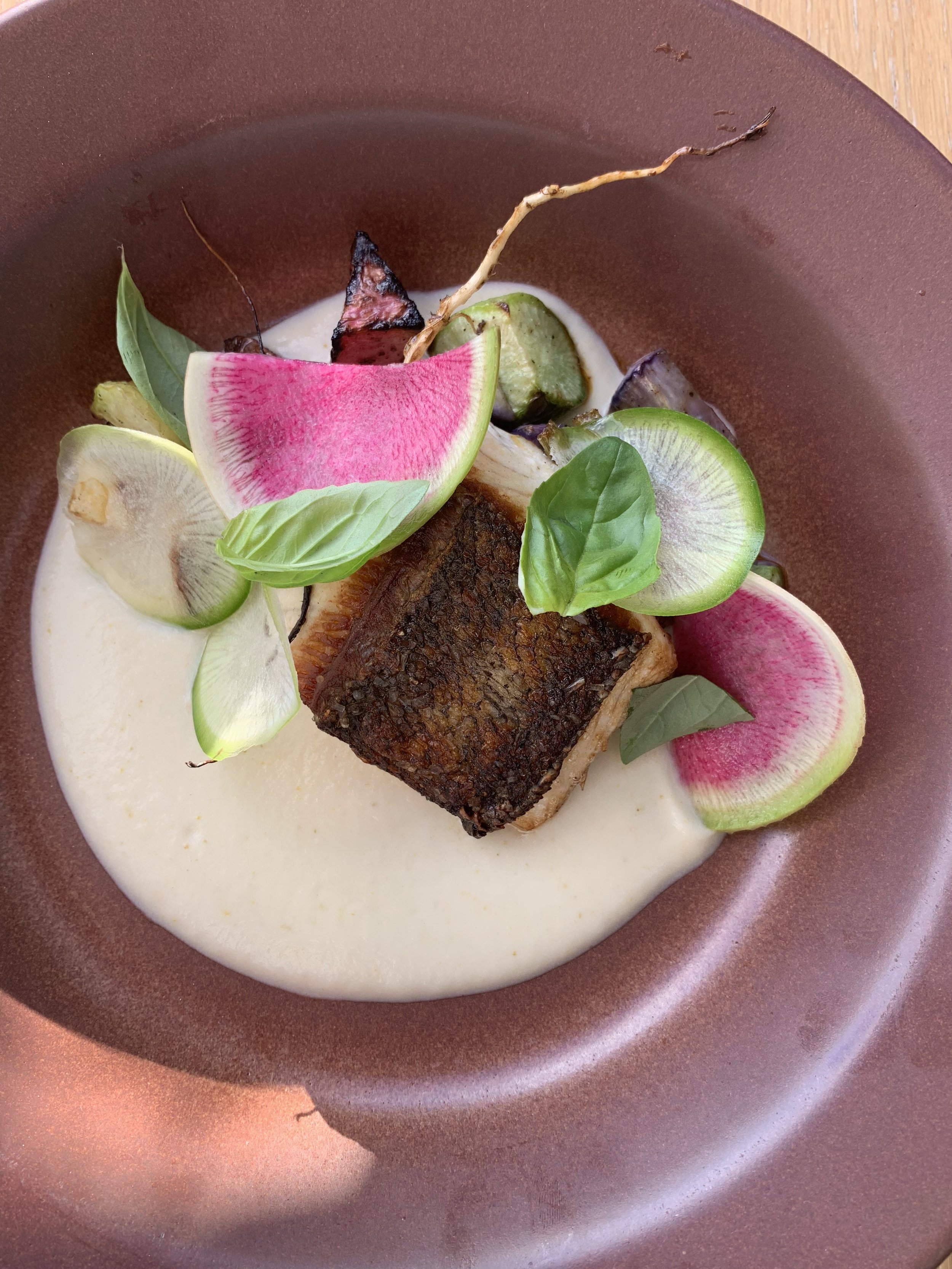 kona kampachi, maui onion soubise, watermelon radishes 2 ways