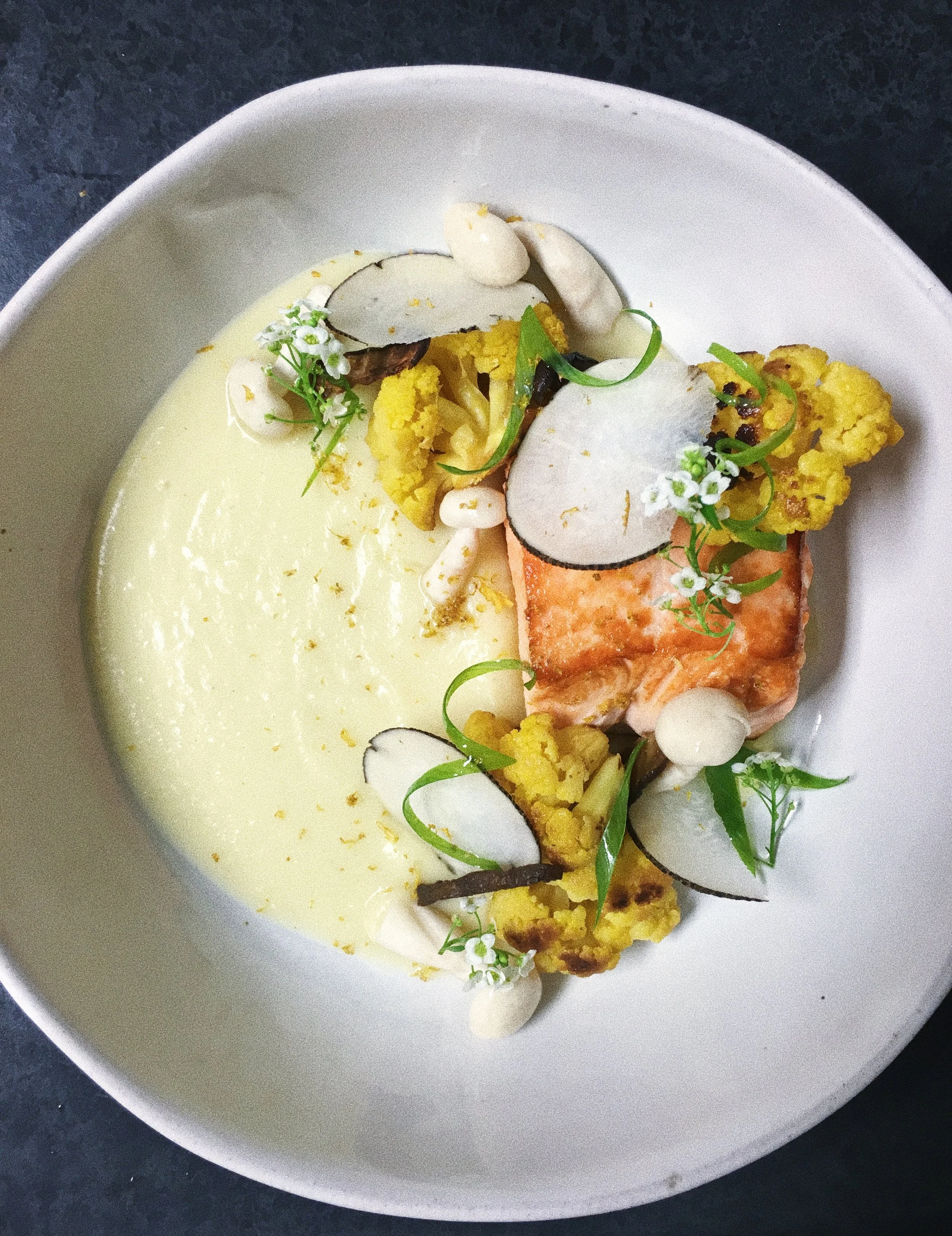 Seared salmon, roasted cauliflower, honshimeji mushrooms and parsnip puree