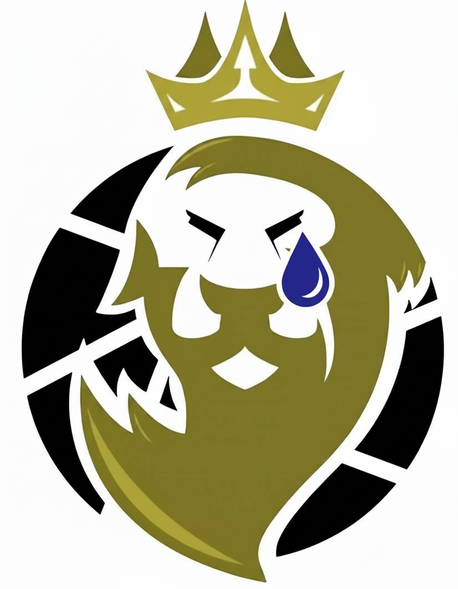 Stylized lion with a crown on its head, depicting a sad or distressed emotion with a teardrop on its face.