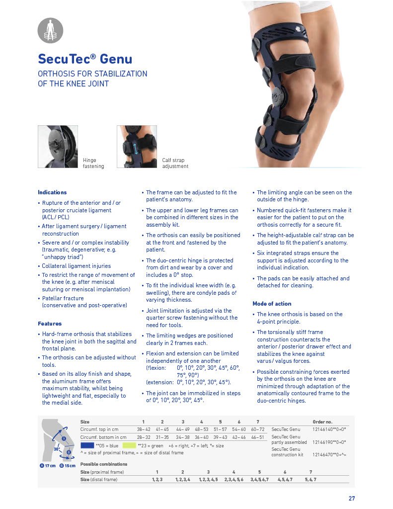 Bauerfeind SecuTec Genu ACL Knee brace sizing chart
