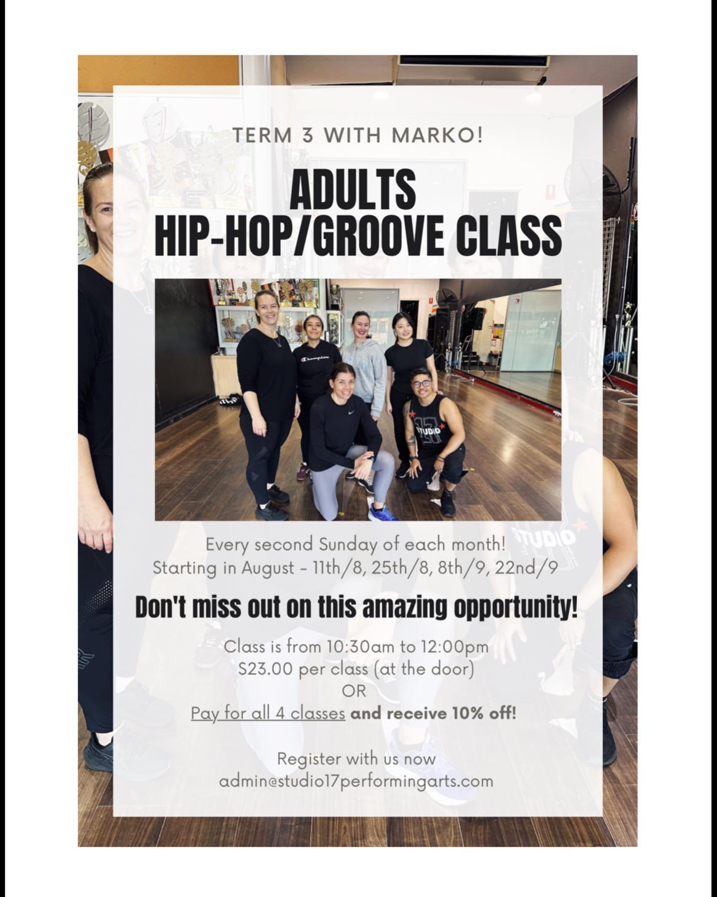 Looking for something to do with your Sundays? Come try our Term 3 Adult Classes!!! Anyone and everyone is welcome ❤️

We are so excited for this term&rsquo;s Hip-Hop/Groove classes with Marko. We&rsquo;ve got 4 classes for you for you to come groove