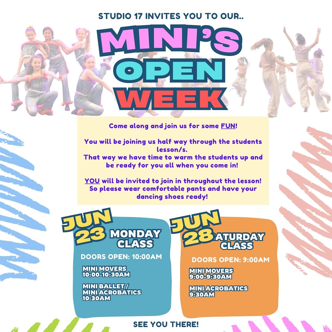 MID-YEAR SHOWCASE DATES! 🚨🚨

&bull; Mini&rsquo;s Open Week: Monday 23rd/6 &amp; Saturday 28th/6
&bull; Mid-Year Showcase: Saturday 5th/7

SAVE THESE DATES! 🗓️