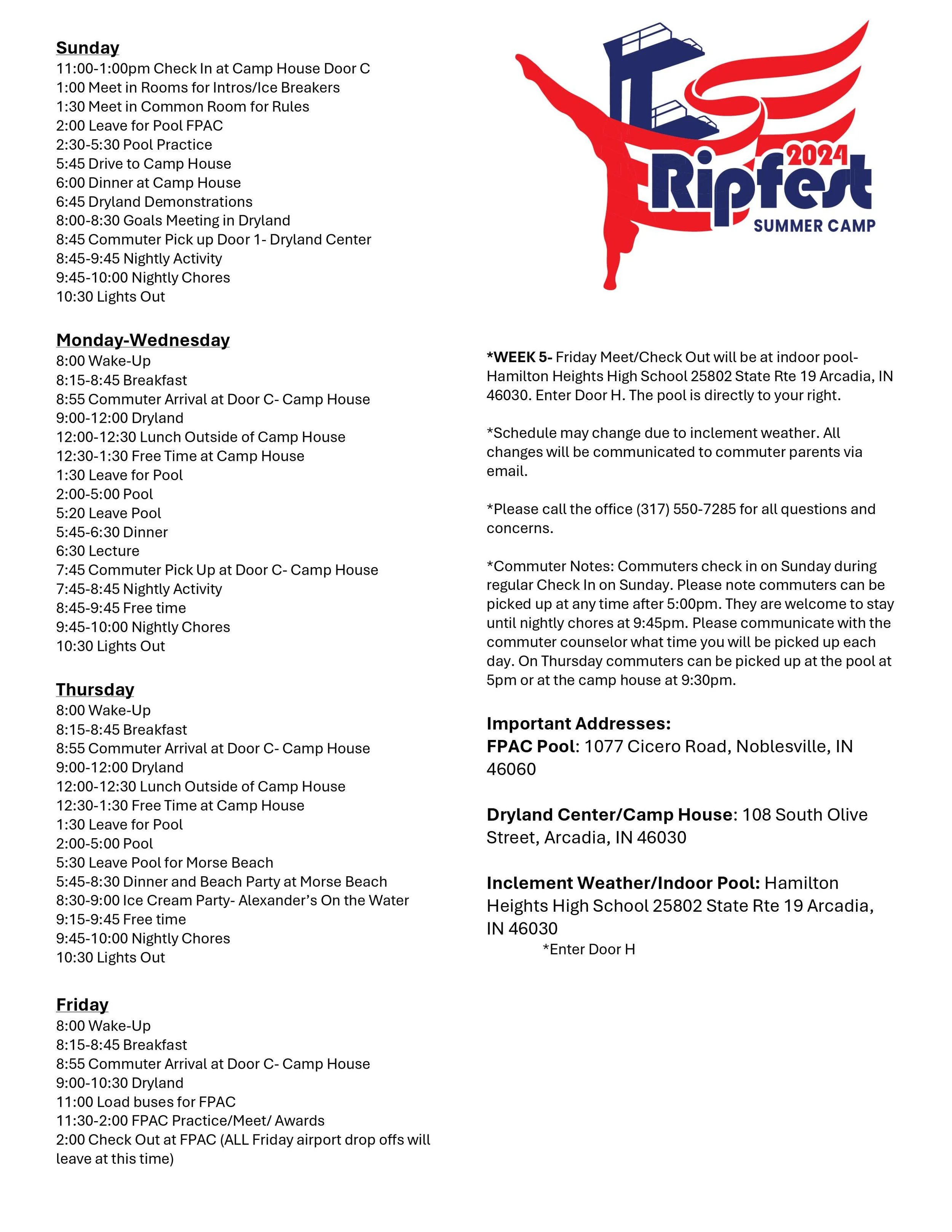 SUMMER CAMP SCHEDULE — RIPFEST Diving