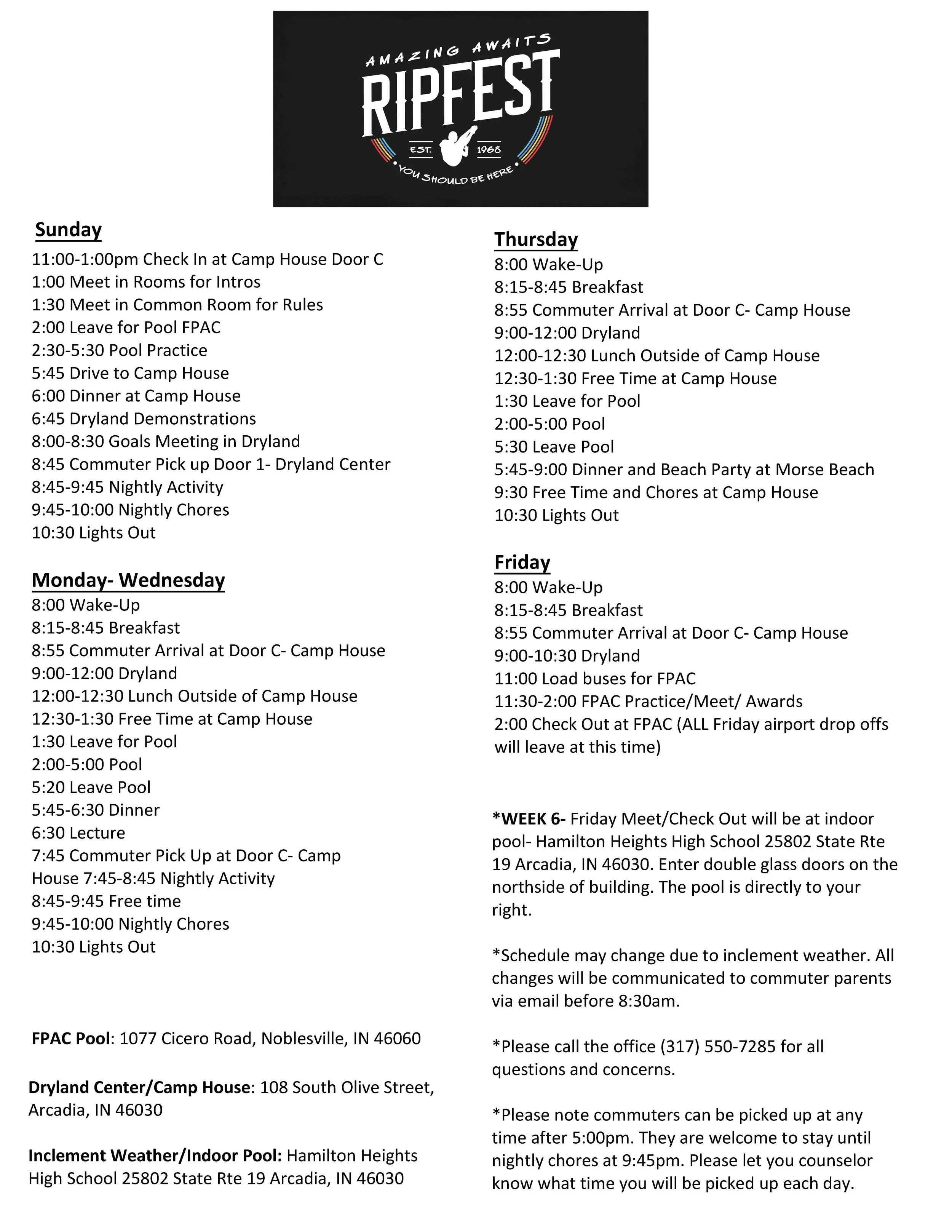 SUMMER CAMP SCHEDULE — RIPFEST Diving