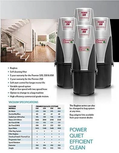 A central vacuum cleaner labeled 'Premier 550' with 'Premier Clean' branding and a small Australian map logo.