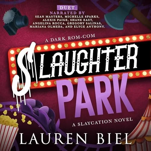 Amusement park themed items like a roller coaster, popcorn, and a circus tent with the words Slaughter Park on a marquee.
