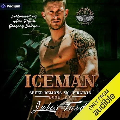A tattooed, shirtless man in front of a motorcycle.