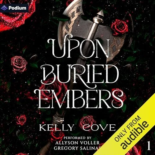 An axe in the middle of the cover with roses around it.