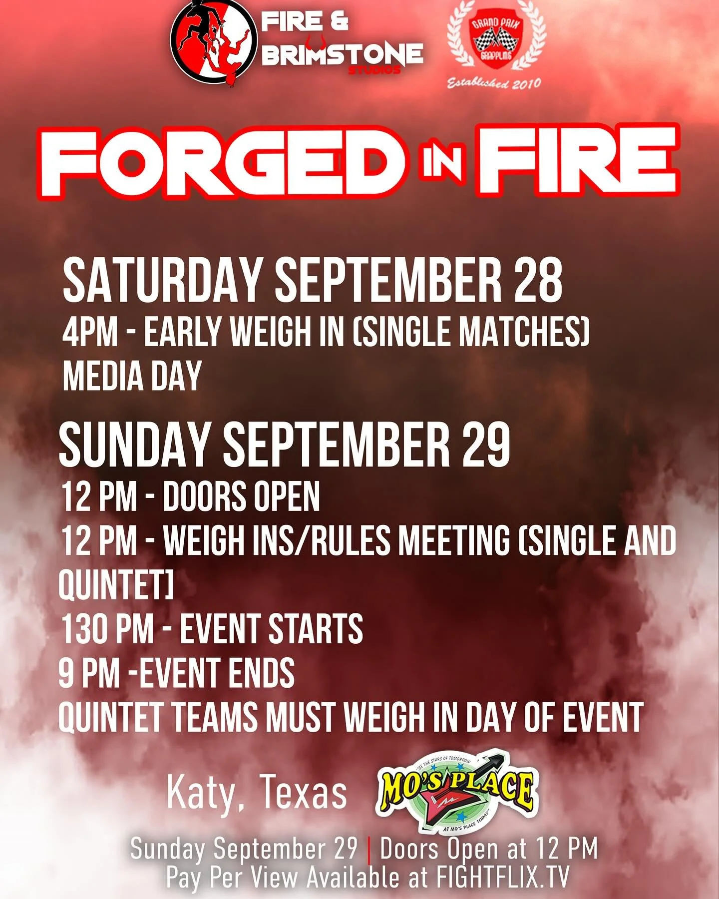 ONLINE TICKETS ON SALE NOW
🔺🔺🔺 Link in bio🔺🔺🔺 

28 SEPT SAT WEIGH-INS 4 pm Early Weigh-ins a @mosplacekaty

29 SEPT QUINTET TEAM WEIGH-INS Same day weigh-ins for ALL QUINTET TEAM MEMBERS @mosplacekaty 
Tickets on sale now LINK IN BIO 

🔺Doors 