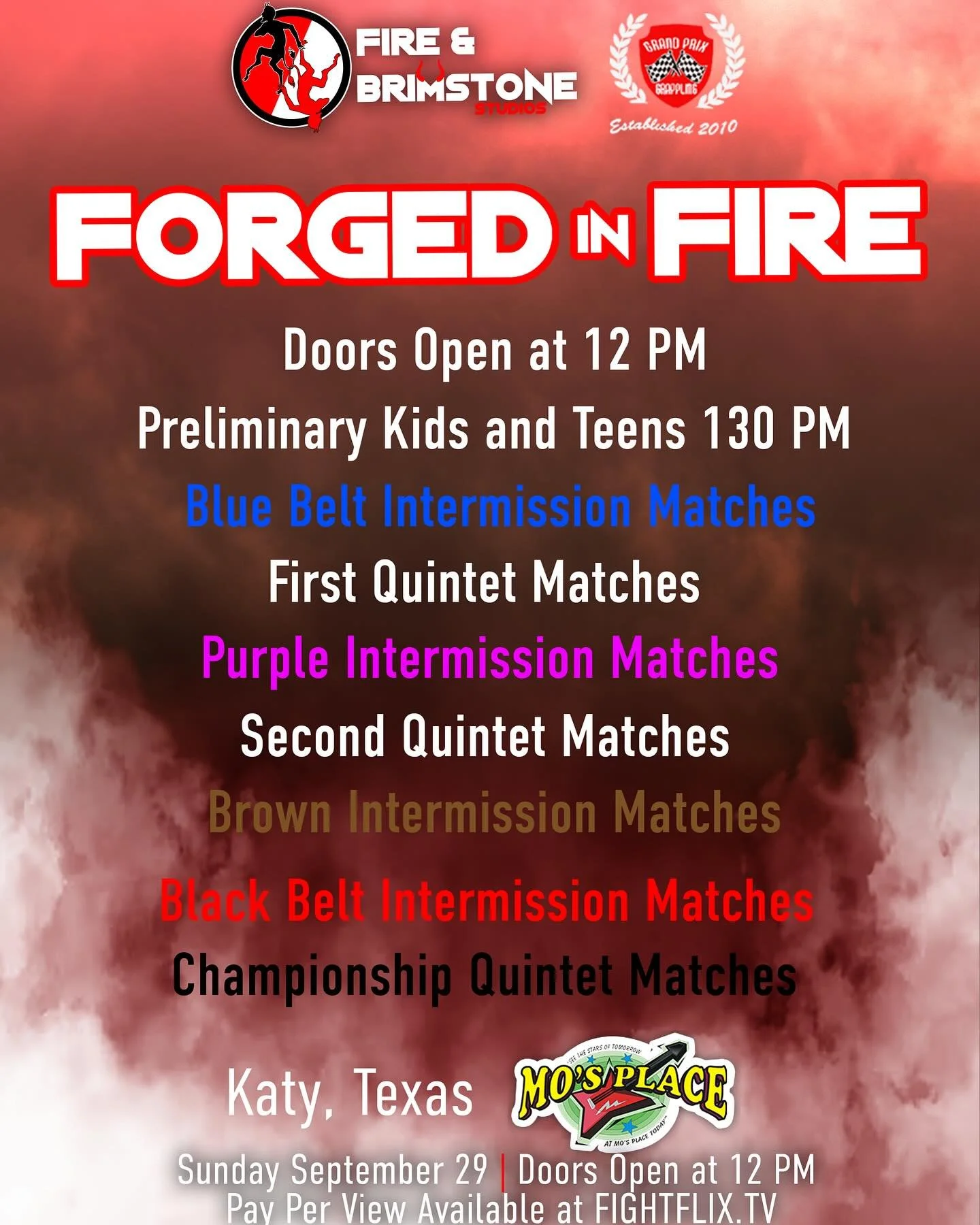 Order of the days event ⬜️🟦🔳🟪🔳🟫⬛️🔳
Single intermission matches  between each Quintet match. 

Don&rsquo;t be late. QUINTET Super fights START AT 330pm 

⬜️🟦🟪🟫⬛️single ranked matches 
🔳🔳🔳QUINTET MATCHES 

🔺◾️🔻
Tickets on sale now link in