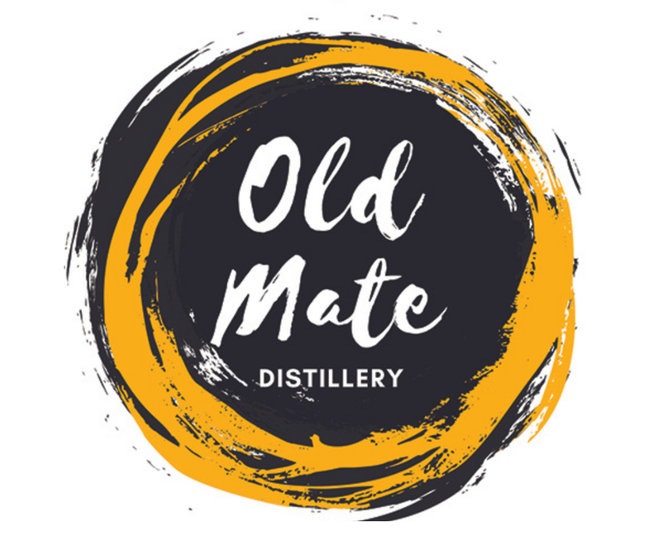 Logo for Old Mate Distillery with black background, white handwritten text, and a circular yellow brushstroke design