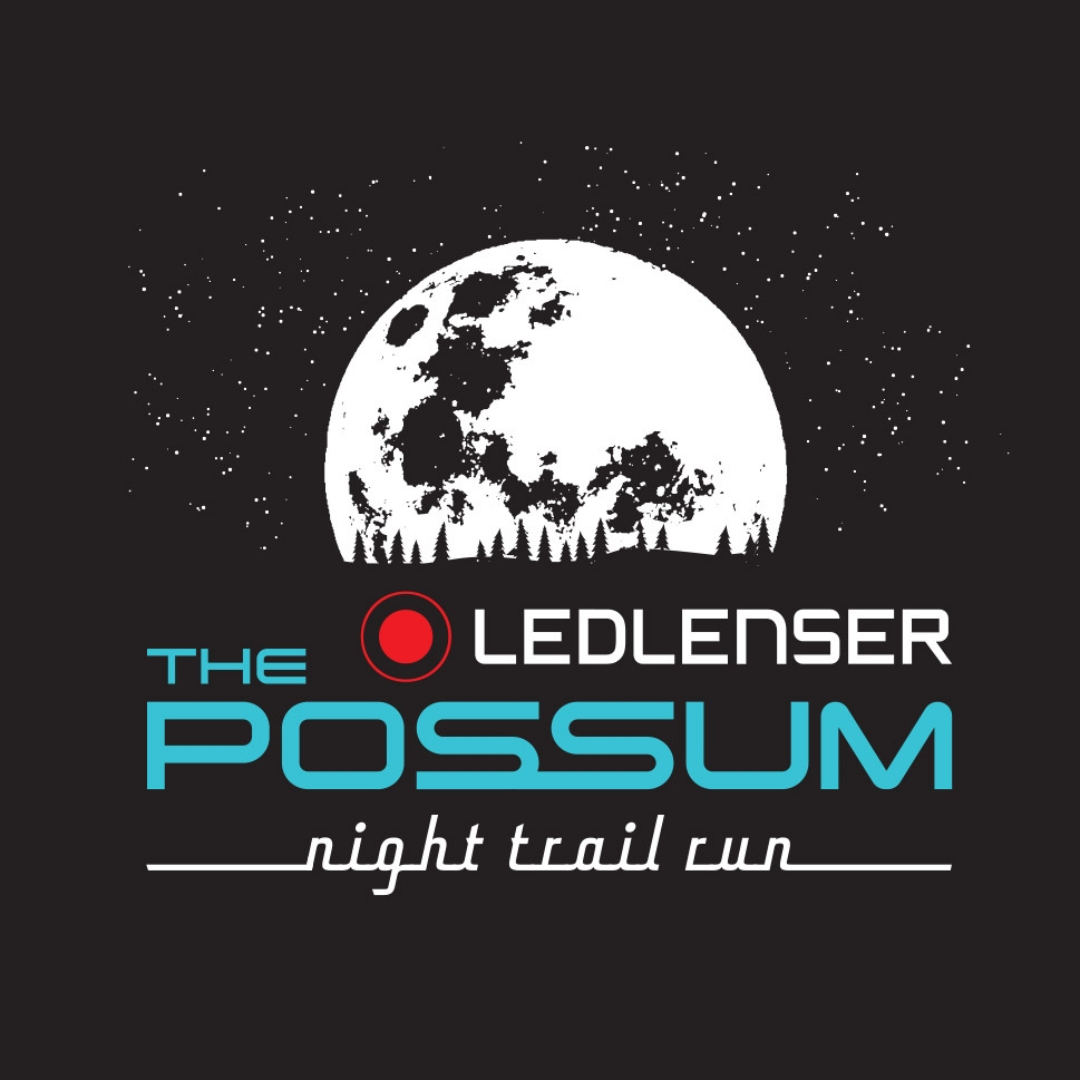 Event poster for 'The Ledlenser Possum Night Trail Run' featuring a large moon, stars, and trees.