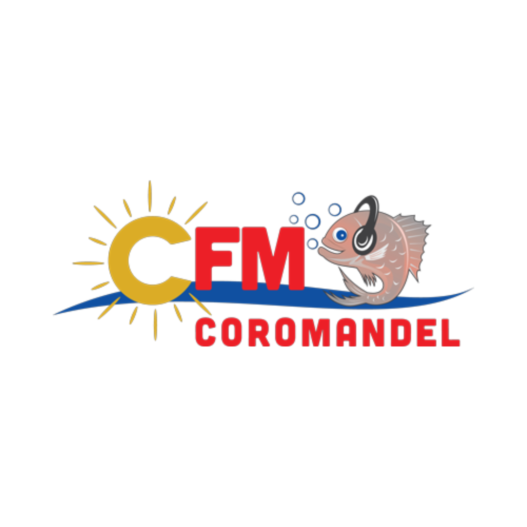 Logo for C FM Coromandel featuring a stylized sun, a blue wave, and a smiling fish wearing headphones, with the text 'C FM' in red and 'Coromandel' in red below.