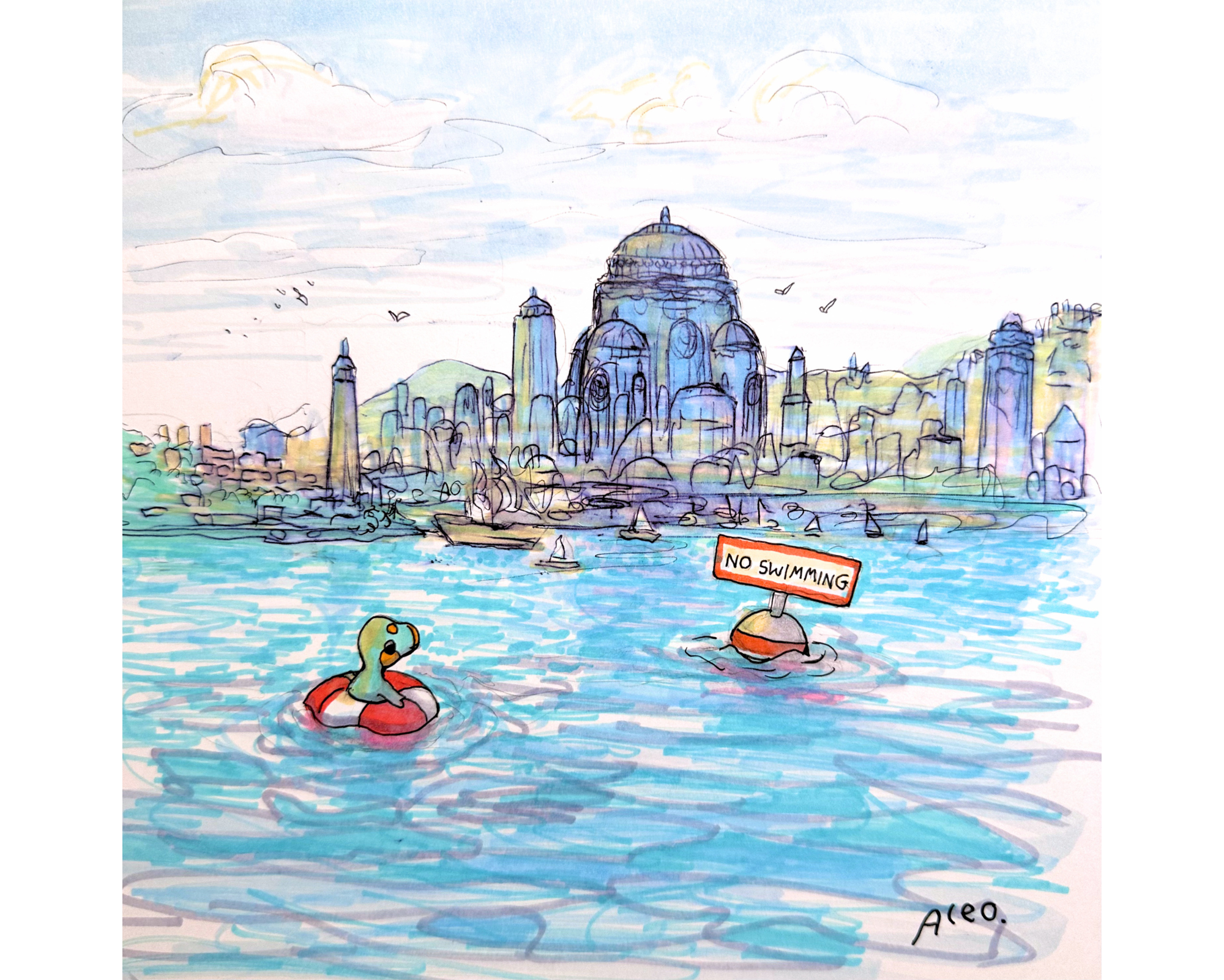 "No Swimming!" 8x8 in