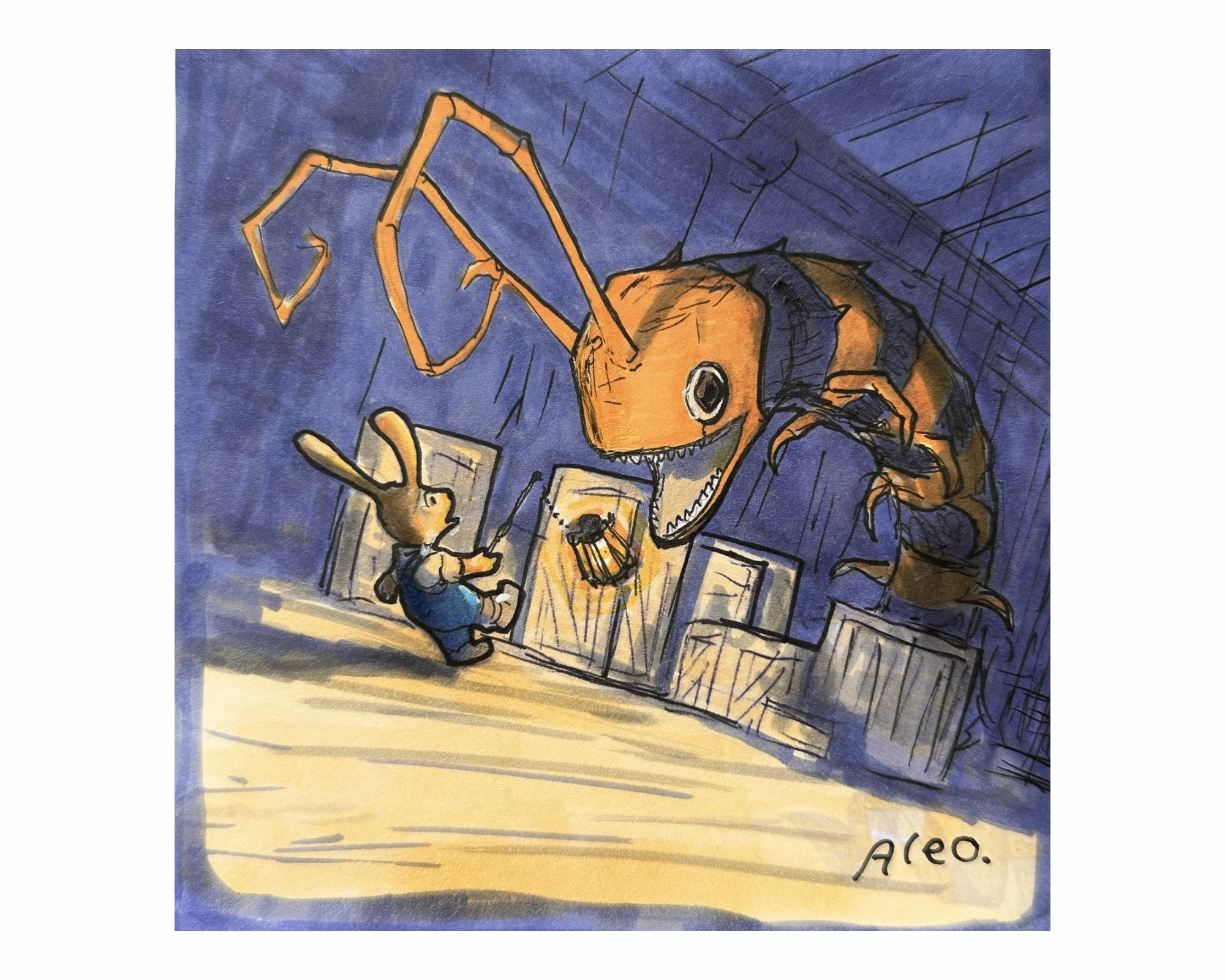 “Boji Encounters Centipede Menace” 4.5 x 4.5 in
