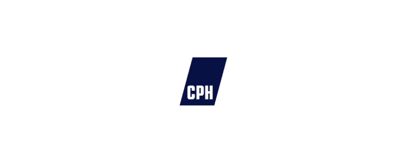 Logo med teksten 'CPH' på en skråstående blå firkant.