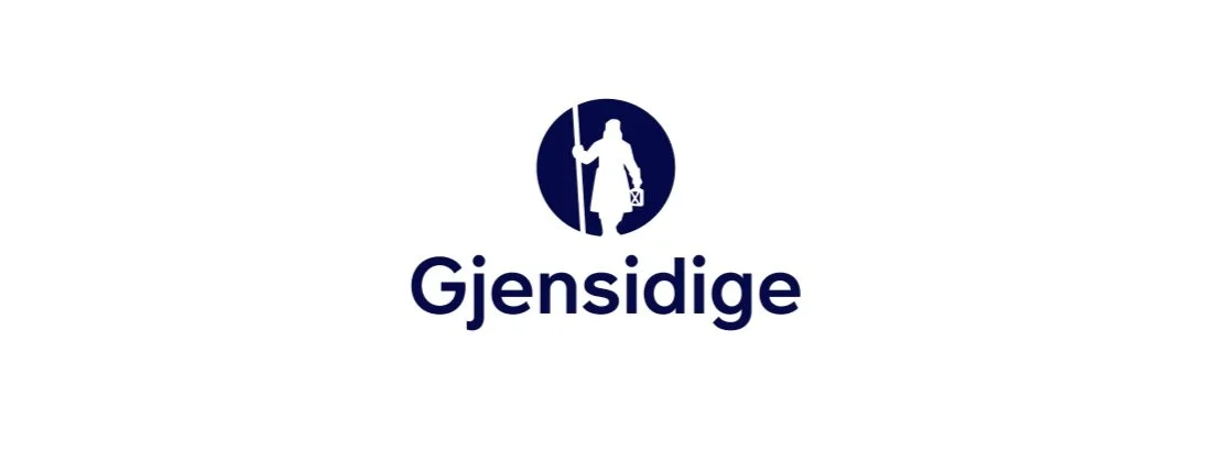 Logo med tekst 'Gjensidige' og en blå cirkel med en person, der holder en lang genstand.