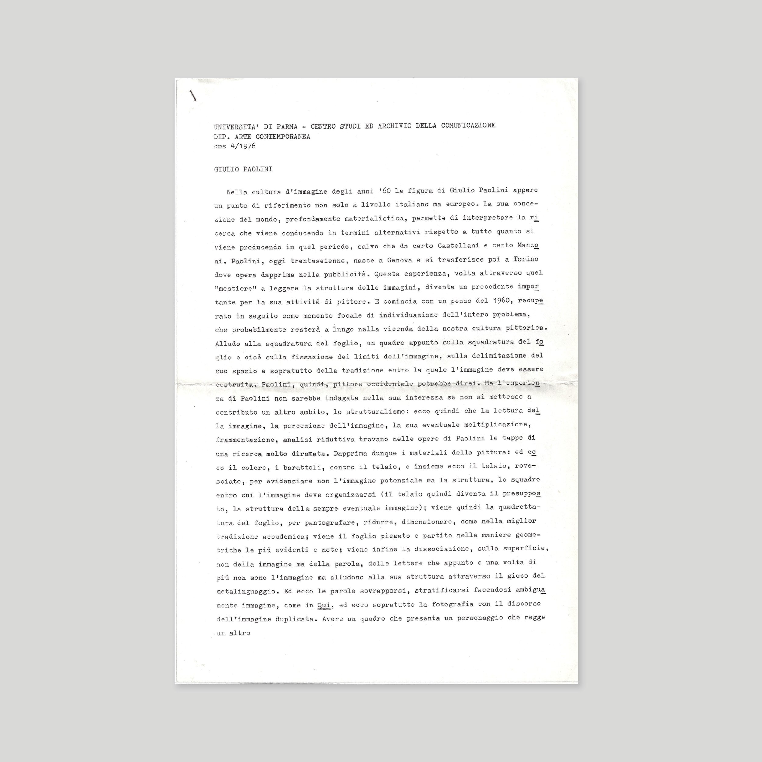 Giulio Paolini / Università di Parma - centro studi ed archivio della comunicazione dip. Arte contemporanea. CMS 4/1976. Giulio Paolini