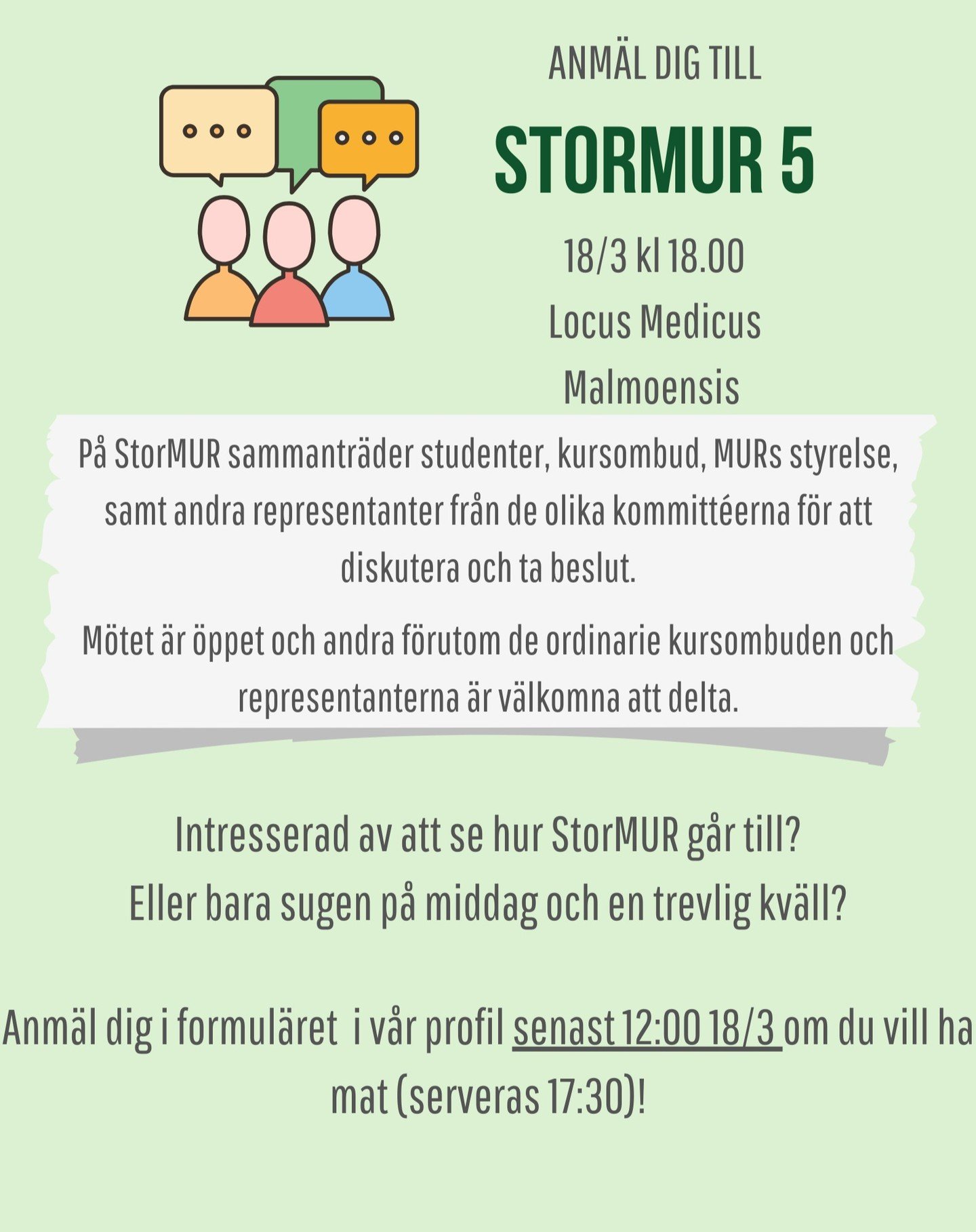 N&auml;sta m&aring;ndag &auml;r det dags f&ouml;r terminens andra StorMUR! Denna g&aring;ng kommer vi att k&ouml;ra den sedvanliga terminsrundan med programdirekt&ouml;r, ordf&ouml;rande i programn&auml;mnden samt grundniv&aring;ansvarig n&auml;rvara