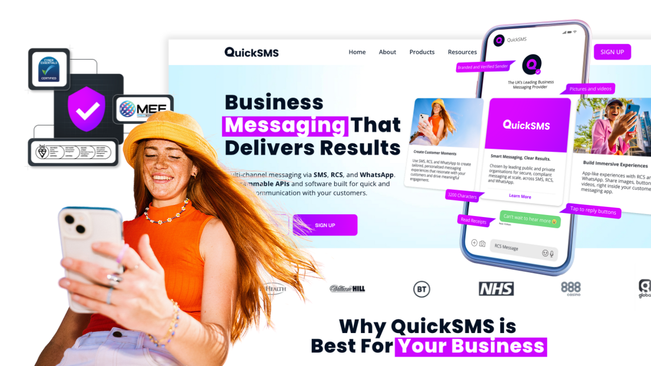 A smiling woman with long red hair, wearing an orange top, jewelry, and a yellow hat, looking at her smartphone against a digital advertisement background for QuickSMS, a business messaging service.