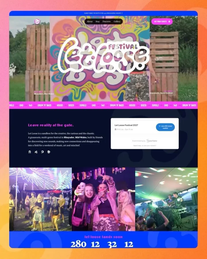 Fresh new website build for @letloose.festival ☄️

This one was a bit of a passion project, we wanted to show off Let Loose in all its glory. Gone are the day of this being a sub page on the @pixelhazestudio website!

With a gorgeous new brand built 