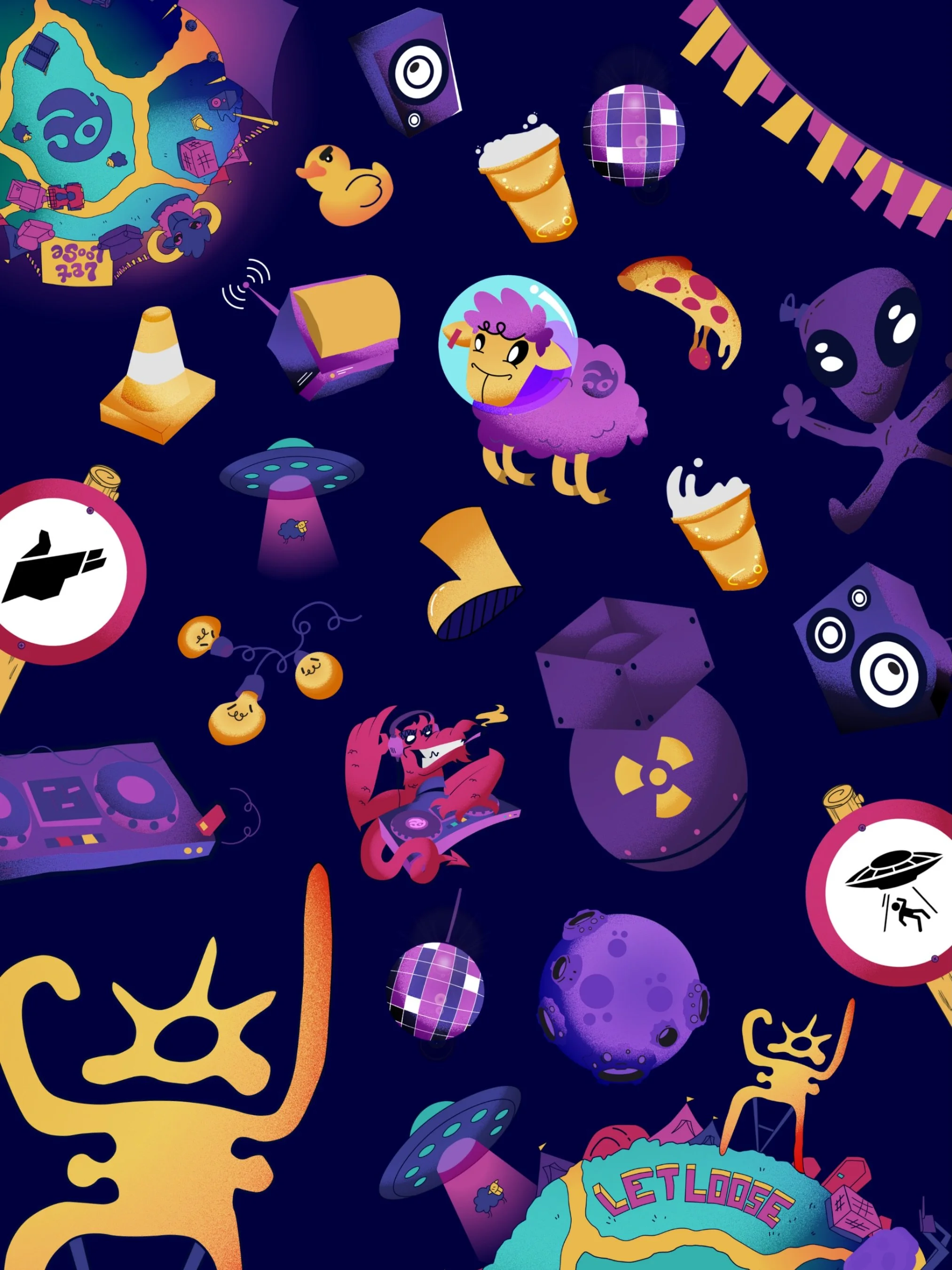 A collection of illustrations I&rsquo;ve been working on for @letloose.festival 🐑🪩