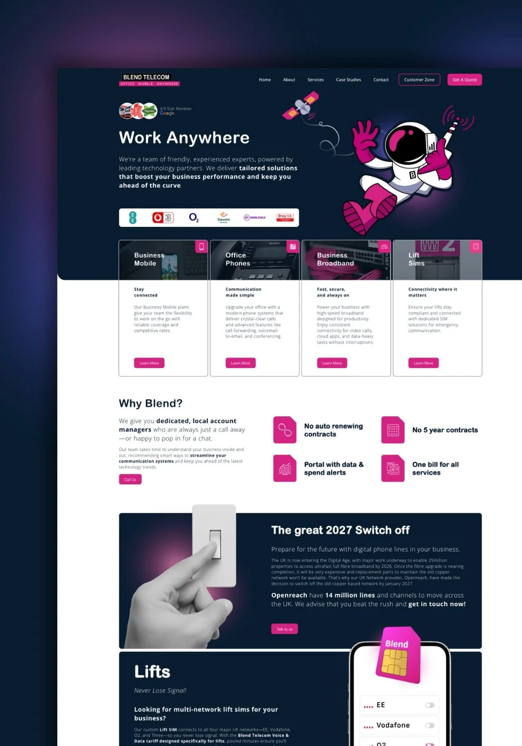 A website homepage for a telecom company called Blend Telecom featuring various services like business mobile, office phones, broadband, and lift sims, with a cartoon astronaut mascot and colorful icons.