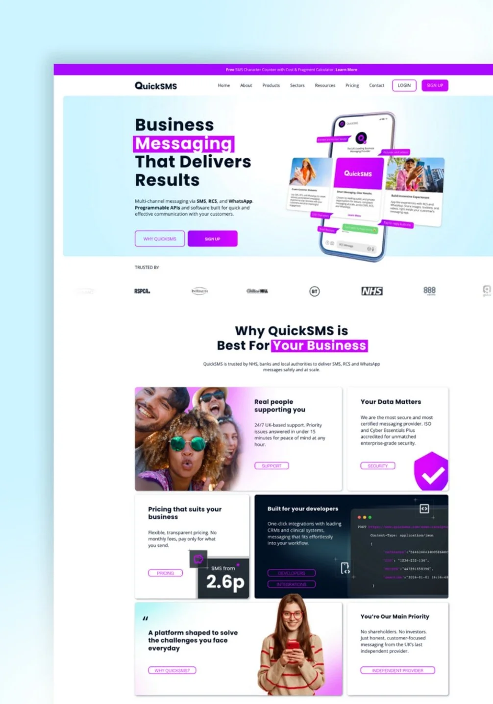 Screenshot of a website homepage for QuickSMS, a business messaging platform. The page highlights features like multi-channel messaging via SMS, RCS, and WhatsApp, and emphasizes quick and effective communication. It includes images of people using smartphones and brief descriptions of support, data security, pricing, and developer tools.