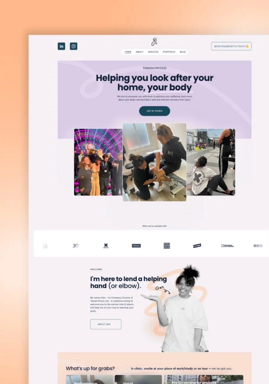 A website homepage for Tawiah Physio with the slogan "Helping you look after your home, your body". It features a menu bar, social media icons, a call-to-action button, a collage of photos showing people receiving physiotherapy and exercising, an introduction of a person offering help, and sections about services and contact information.
