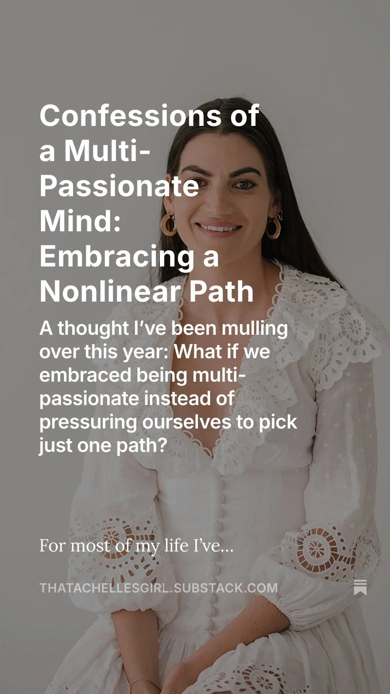 Article: Rebecca (Achelles) Smith with dark hair, wearing gold hoop earrings and a white lace dress, smiling at the camera, standing against a light gray background with white text overlay about embracing a nonlinear path.