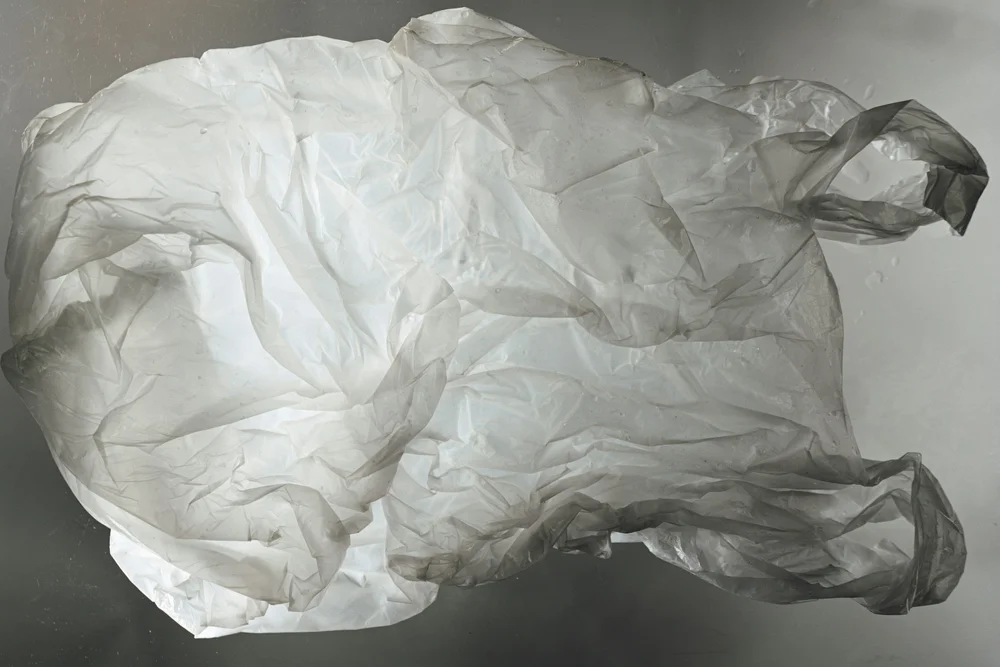 A crumpled translucent plastic carrier bag photographed against a grey background.