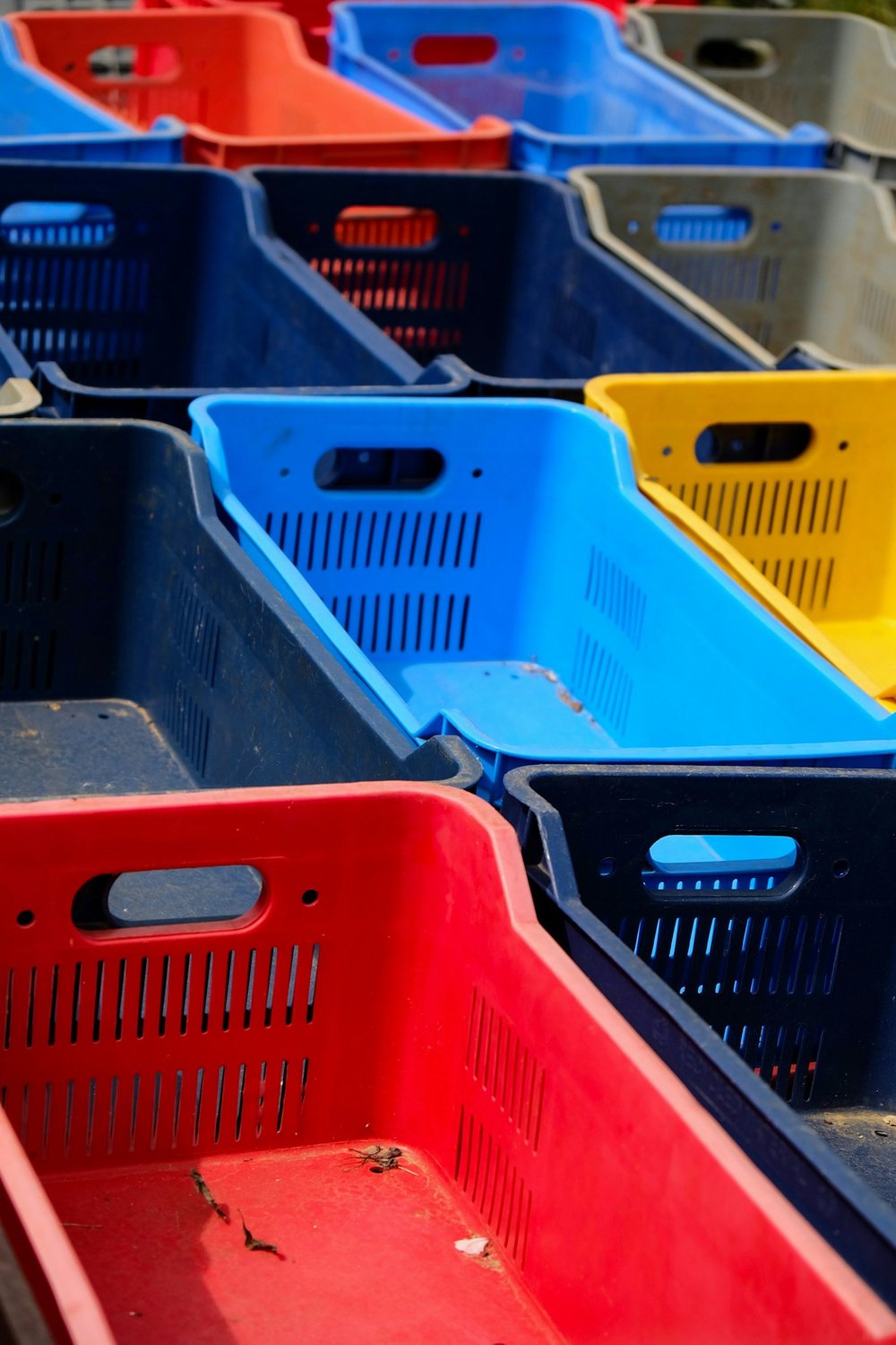 Stacked red, blue, yellow and navy plastic crates.