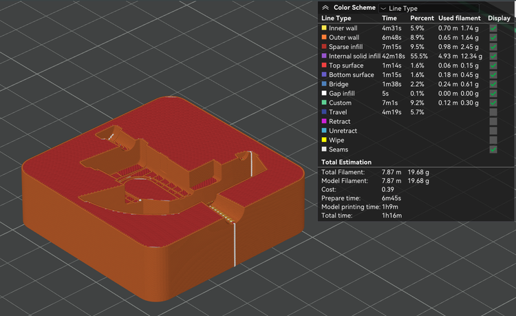 Slicer preview showing a 0.08mm layer height on a mould insert.